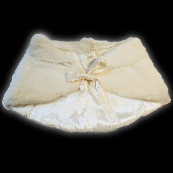 Real Fur Antique Vintage cream White Cape Shawl Bolero Stole with Satin tie Bow